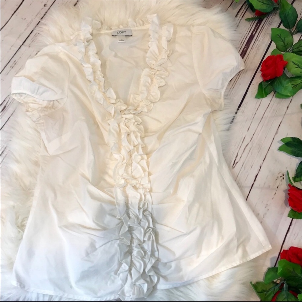Ann Taylor Loft White Ruffle Button Down, Size 4. - image 1
